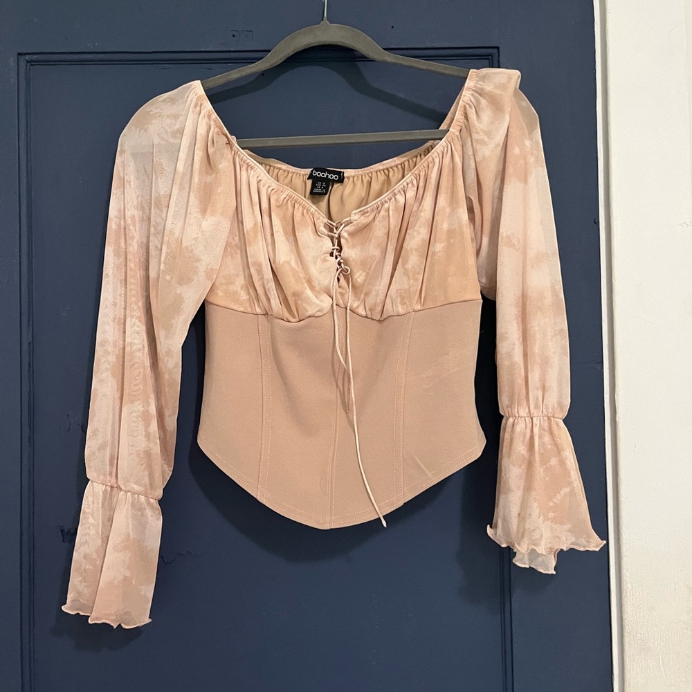 Boohoo off the shoulder corset top. Super flattering and true to size